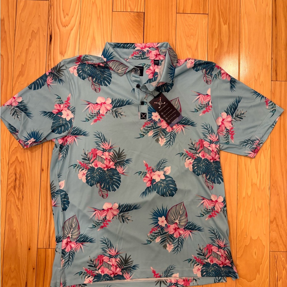 Tropical Floral Polo Shirt - Blue and Pink